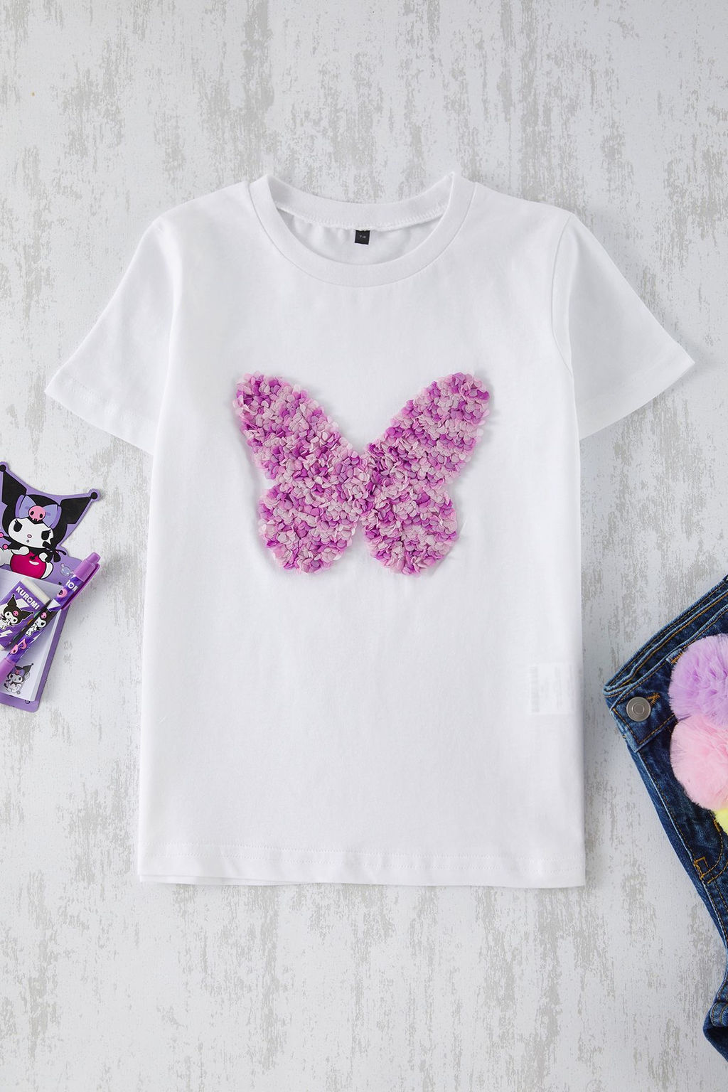 Ekru K?z Cocuk %100 Pamuk Kelebek Desenli Regular/Normal Kal?p K?sa Kol Orme T-Shirt TKDSS25TS00035
