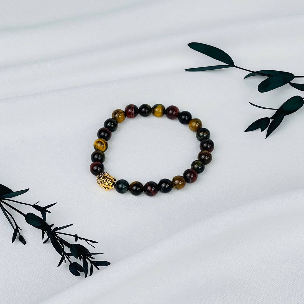 Браслет Будда из Тигрового, Бычьего и Соколиного глаза 19 см