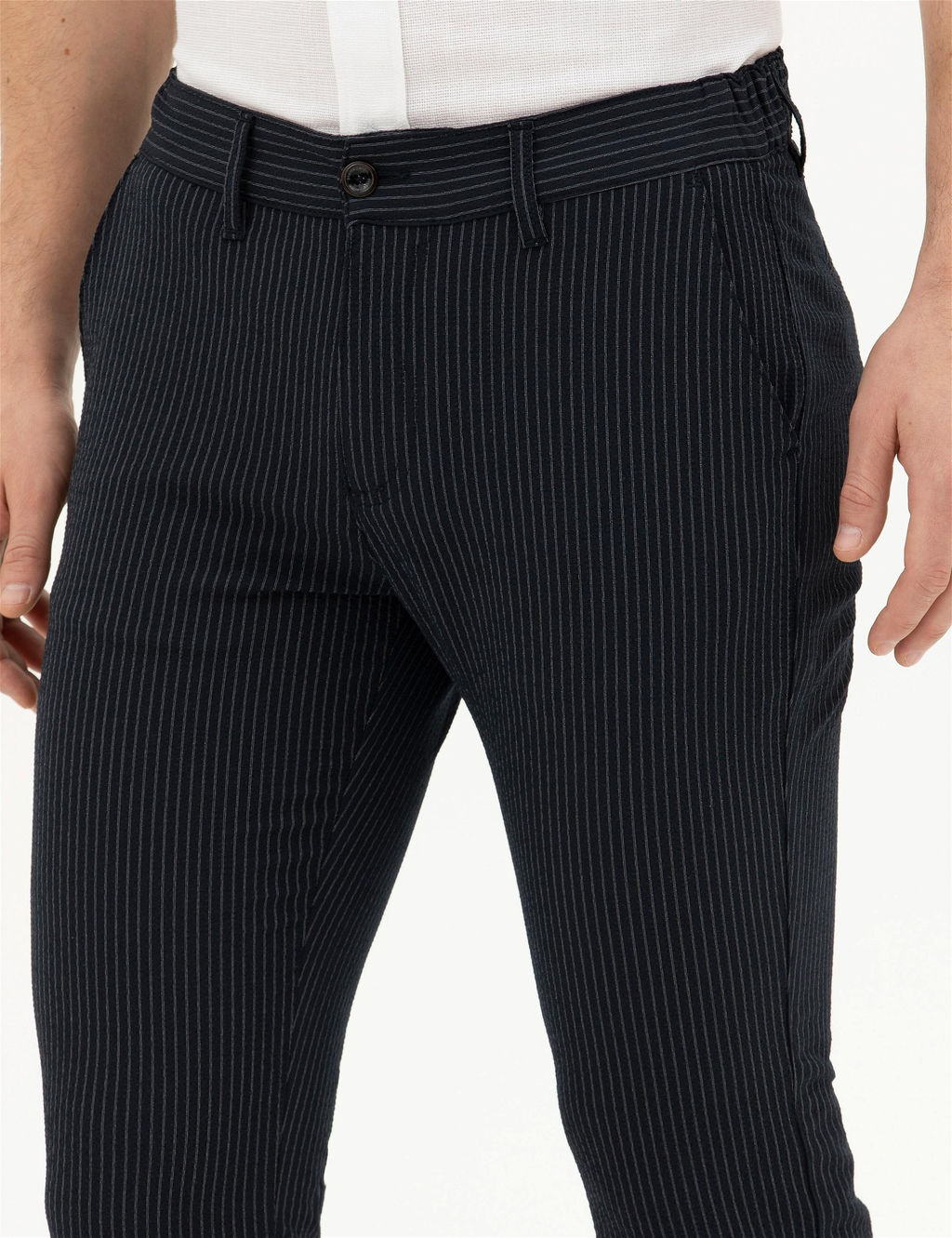 Lacivert Slim Fit _izgili Kanvas Pantolon