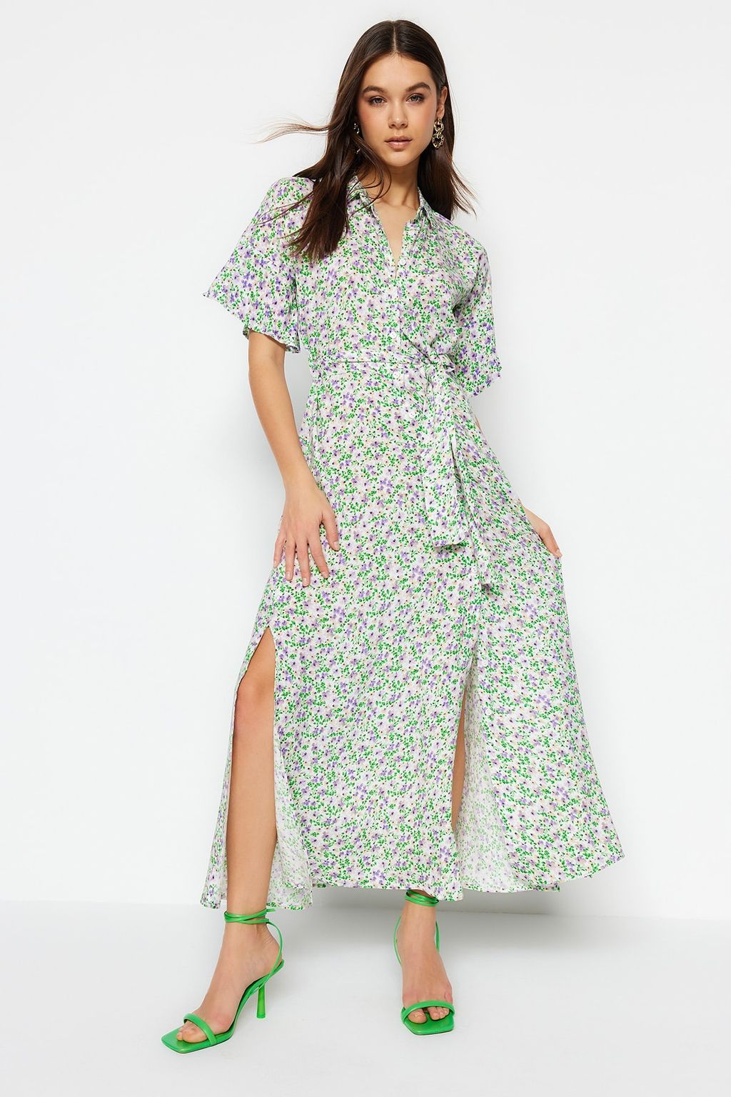 Mor Kusakl? Cicek Desenli Maxi Viskon Dokuma Gomlek Elbise TWOSS19EL0094