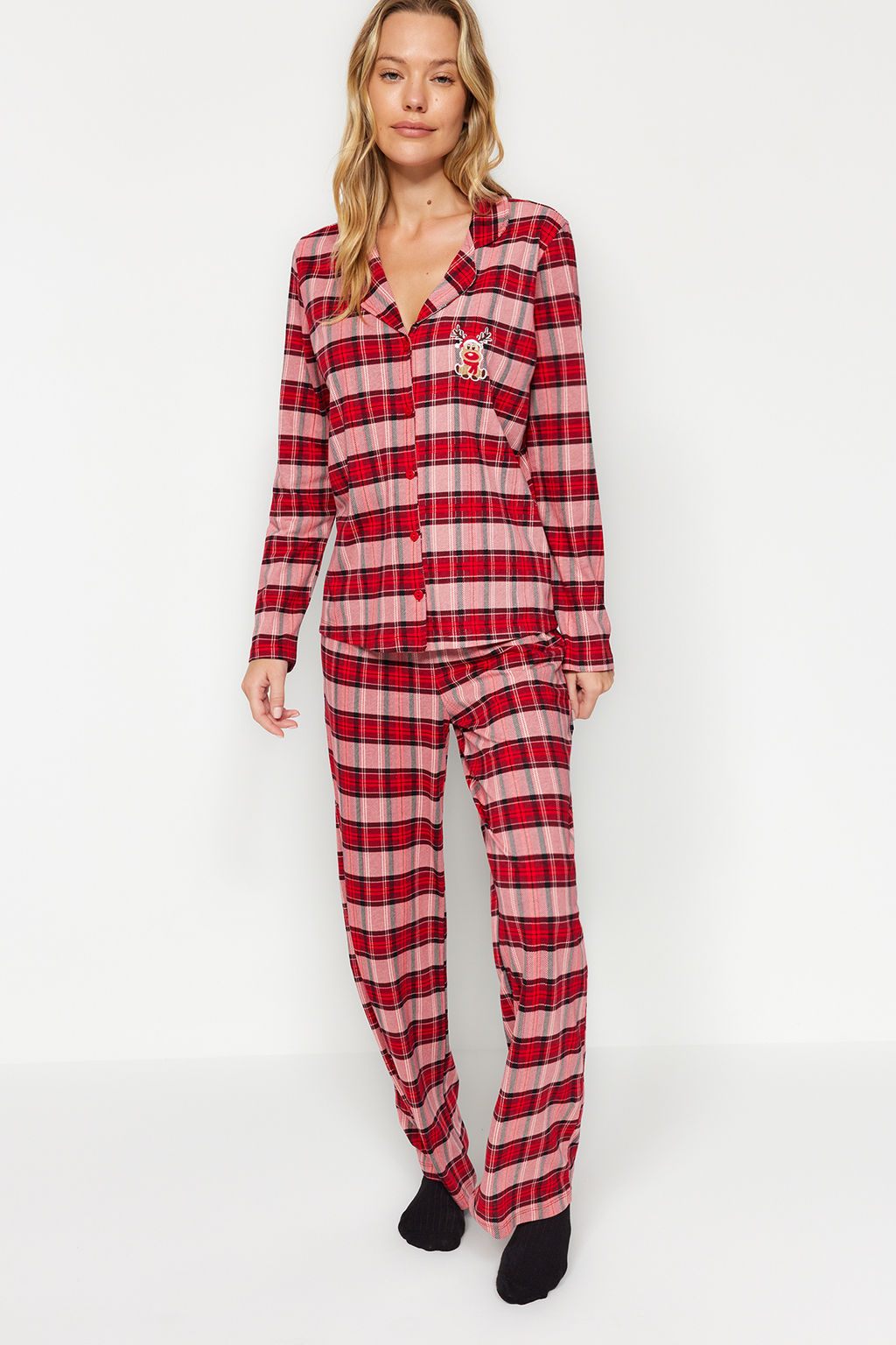 K?rm?z? Ekoseli Geyik Nak?s Deteyl? Tshirt-Pantolon Orme Pijama Tak?m? THMAW24PT00053 - Trendyolmilla фото 5