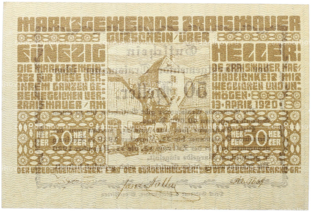 Банкнота 50 геллеров 1920 года Австрия город Трайсмауэр (Нотгельд)