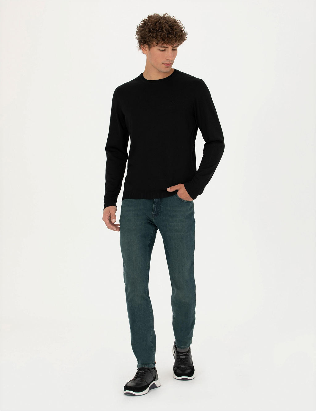 Siyah Slim Fit Bisiklet Yaka Y_n Kar___ml_ Basic Triko Kazak