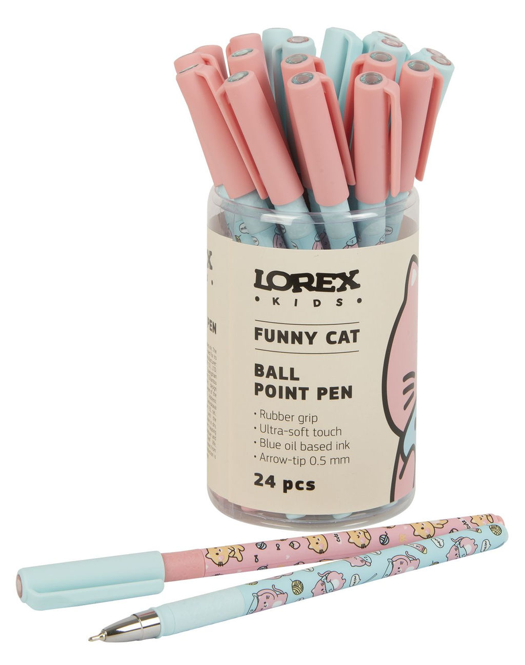 Ручка масляная LOREX KIDS FUNNY CAT Slim Soft Grip синяя 0,5 мм, ассорти круглый корпус, п...