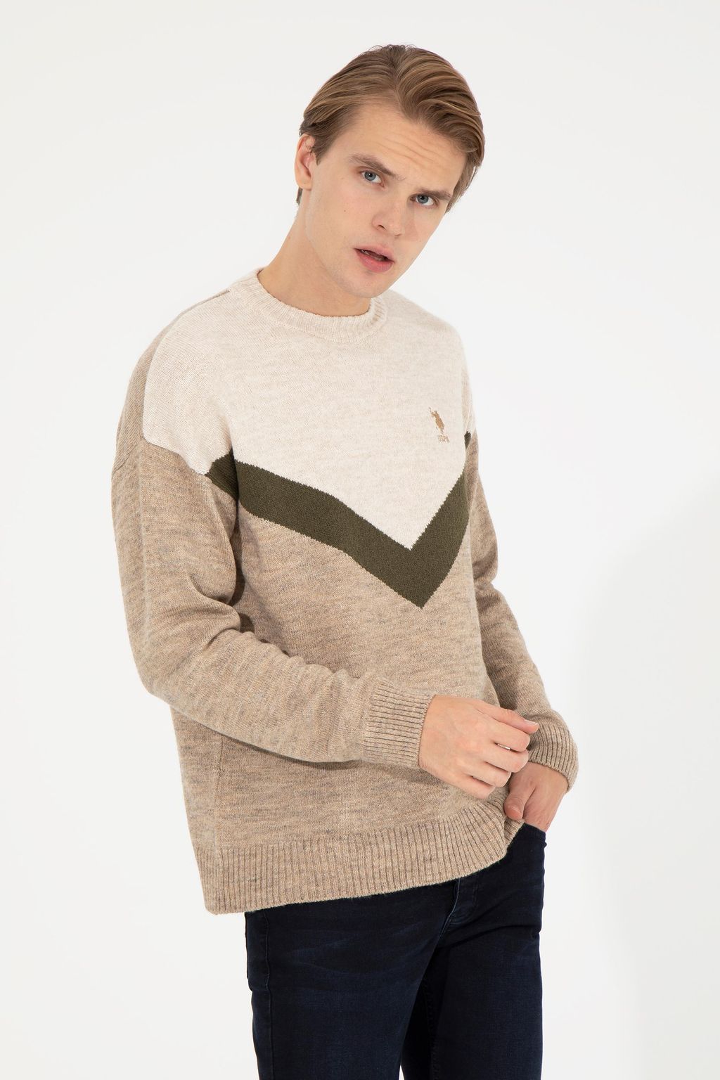 U. S. Polo Assn Мужской светло-коричневый меланжевый трикотажный свитер с круглым вырезом - U.s. polo assn фото 3