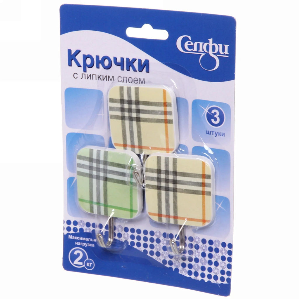 Цена за 6 шт. Крючки в наборе 3шт на липком слое "ИДЕЯДОМА", форма квадрат, принт клеточка, нагрузка 2кг
