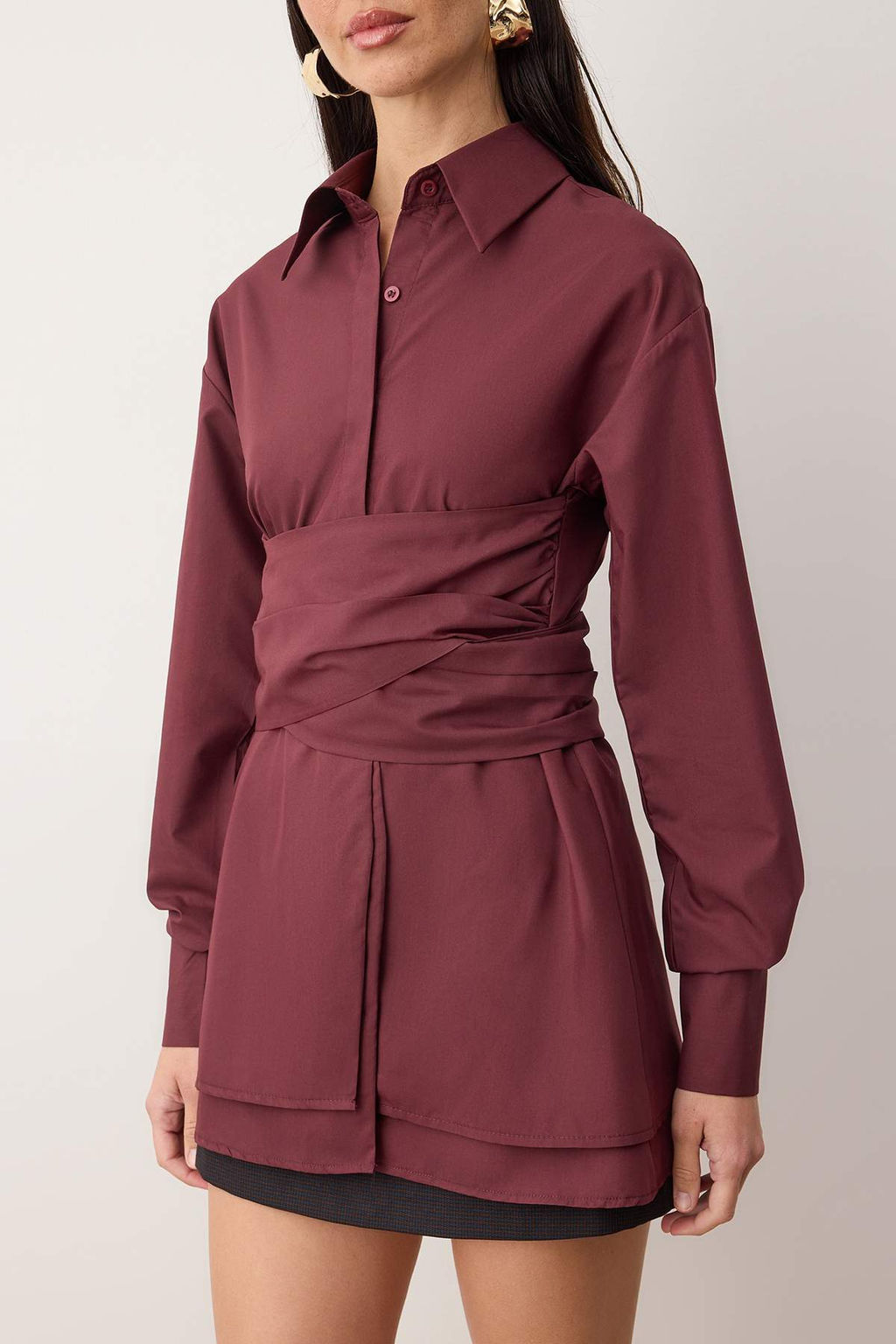 Bordo Bele Oturan Buzgu Detayl? S?k Y?lbas? Gomlek TPRAW26GO00002 - Trendyolmilla фото 3