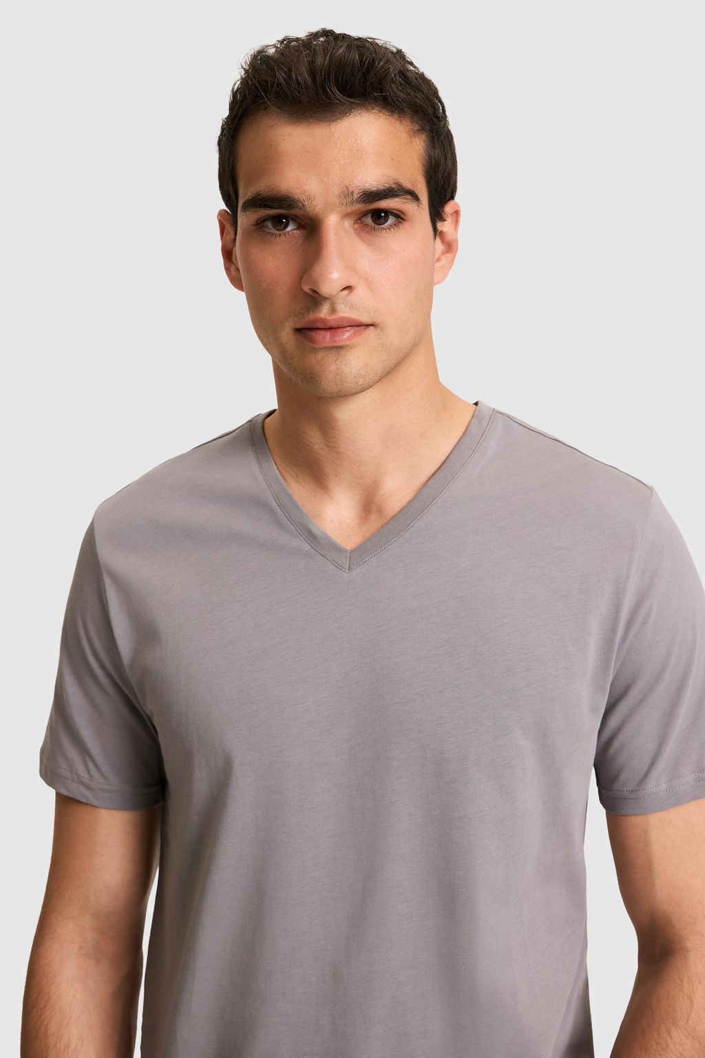 Erkek Regular Fit V Yaka Gri Basic Ti__rt