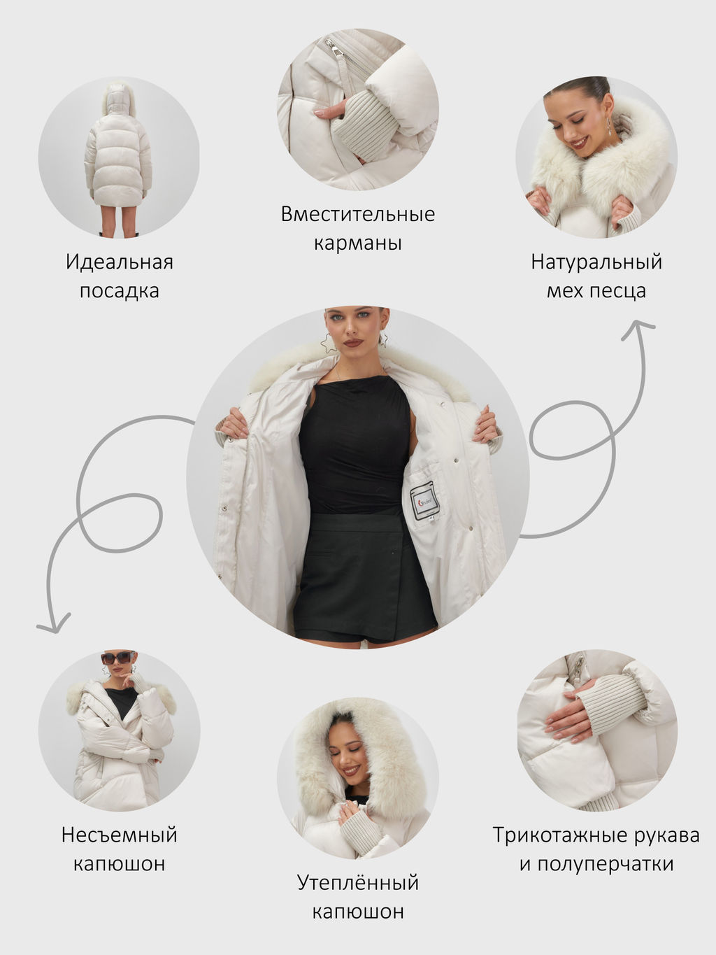 Куртка зимняя женская с мехом и капюшоном тренд бежевого цвета 7737B - Visdeer фото 19