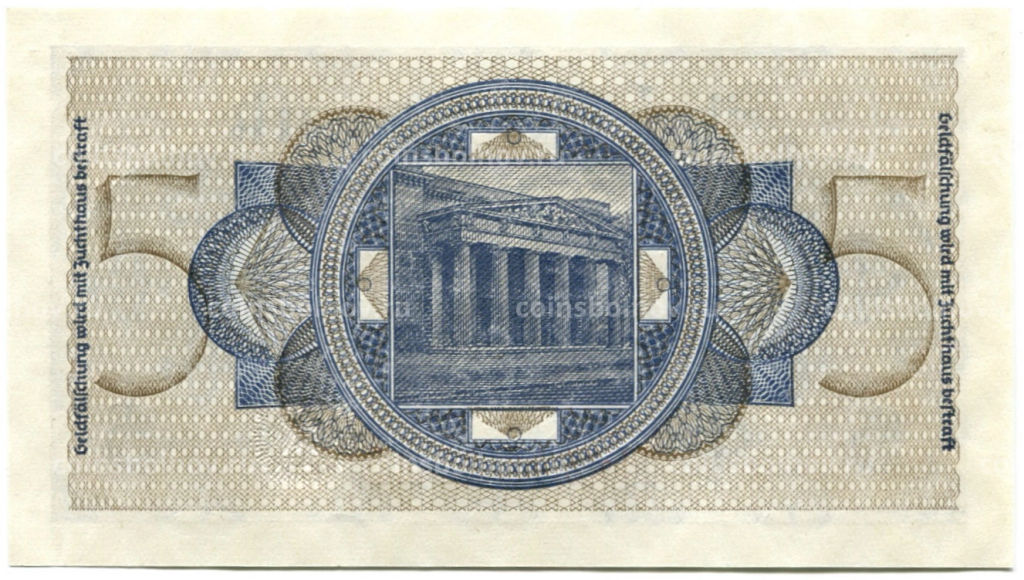 Банкнота 5 рейхсмарок 1940 года Германия (Для оккупированных территорий)