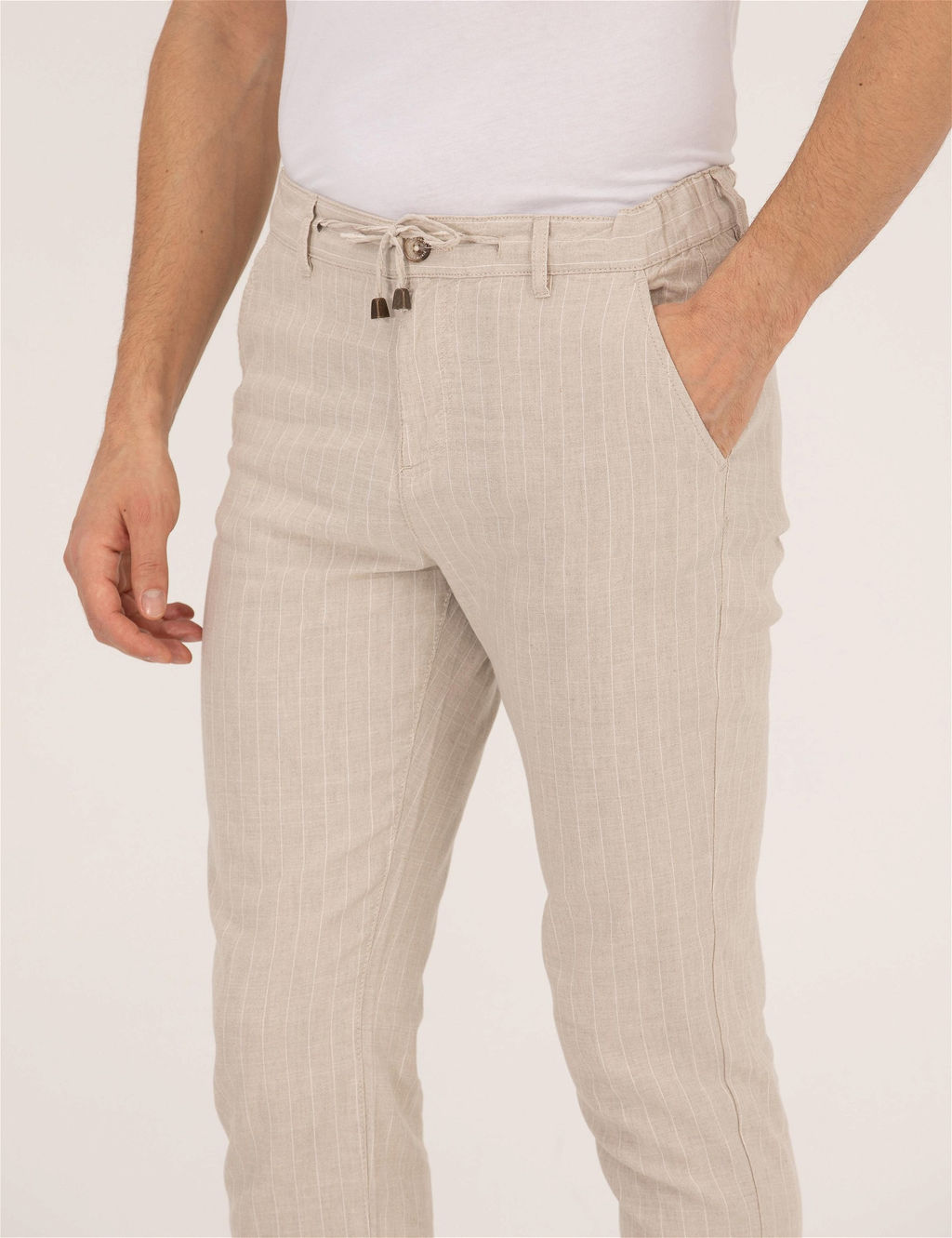 Bej Carrot Fit Beli Lastikli Keten Kar___ml_ Kanvas Pantolon - Pierre cardin фото 7