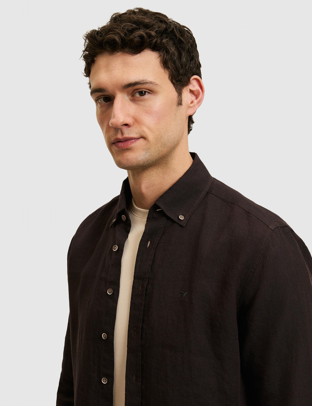 Koyu Kahverengi Regular Fit Yakas_ D__meli %100 Keten G_mlek
