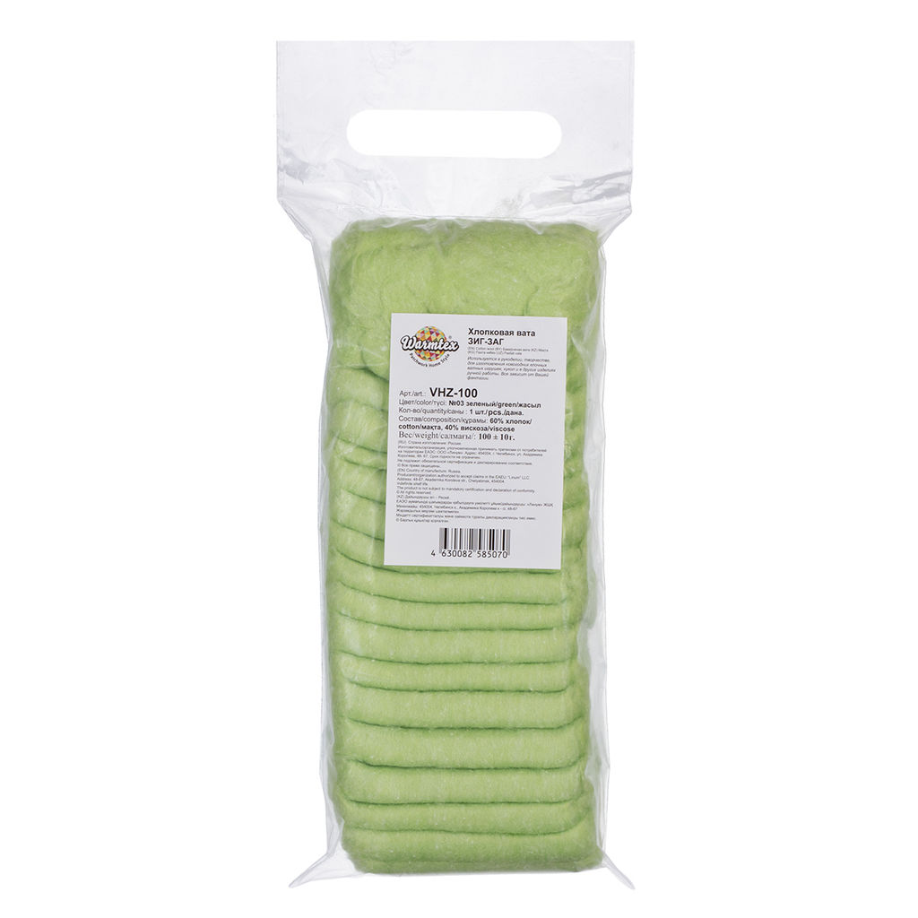 Warmtex Хлопковая вата ЗИГ-ЗАГ VHZ-100 60% хлопок, 40% вискоза 100 г 10 г №03 зеленый