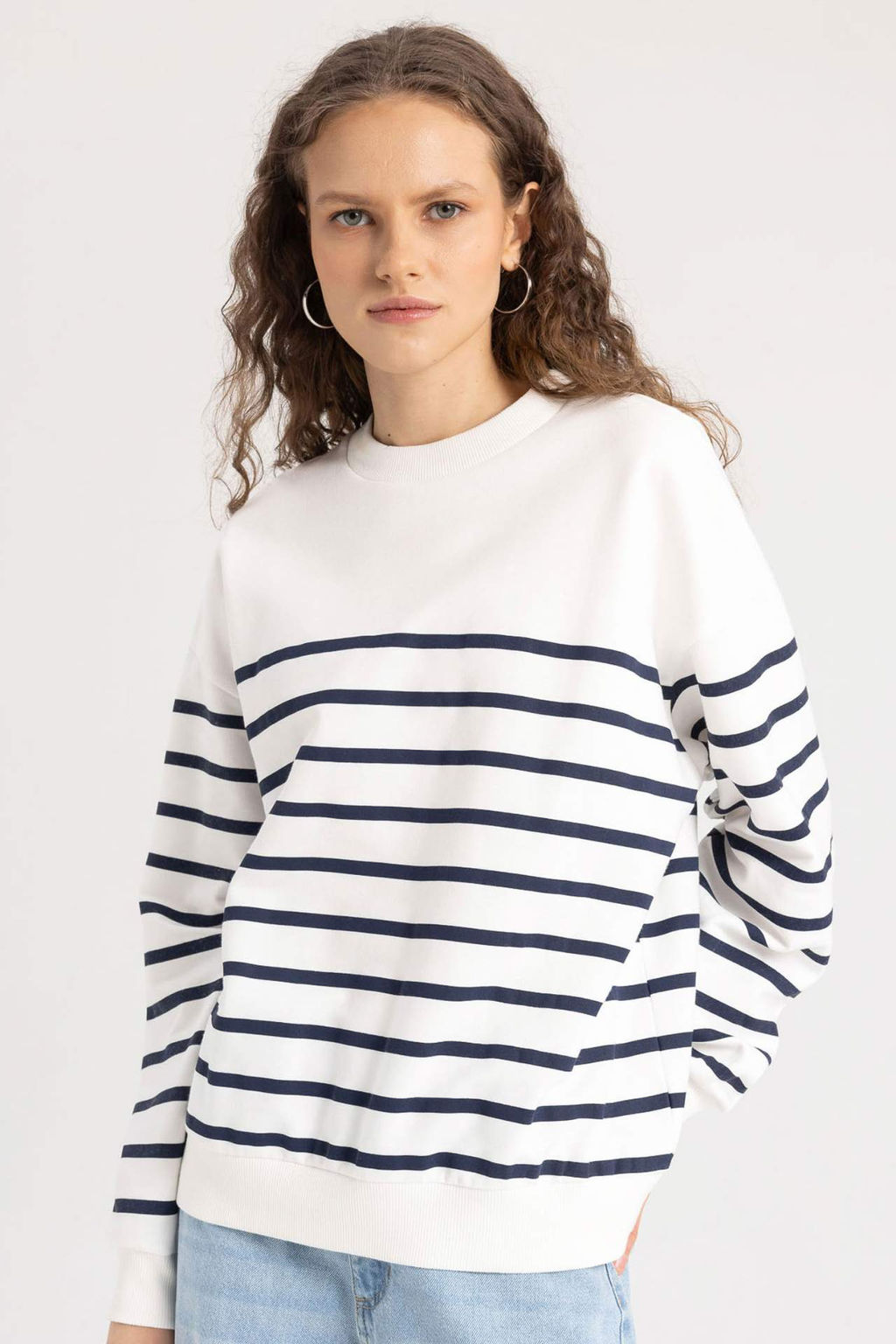 Relax Fit Bisiklet Yaka Cizgili Ince Sweatshirt - Defacto фото 4