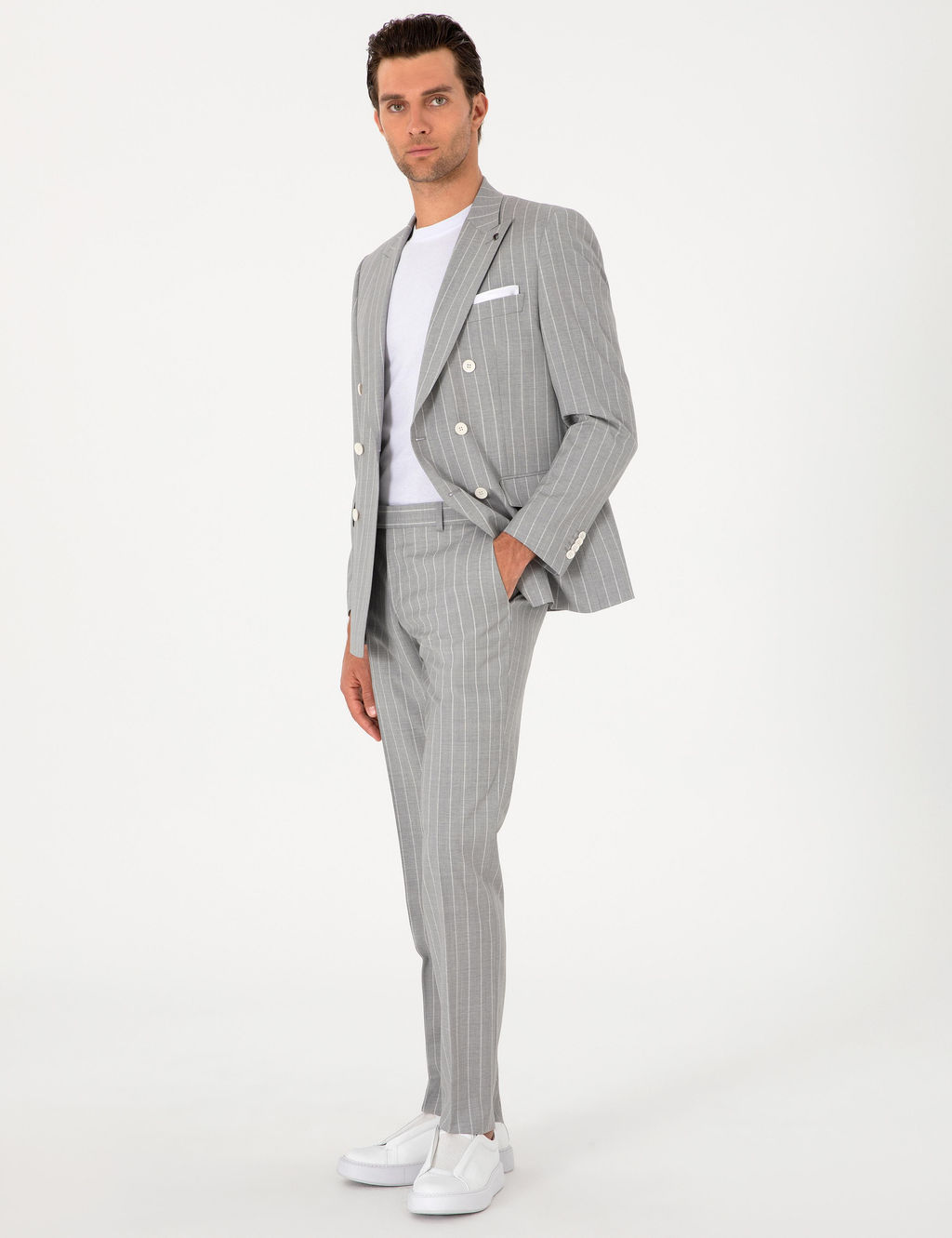 A__k Gri Slim Fit %100 Y_n _izgili Kruvaze Tak_m Elbise