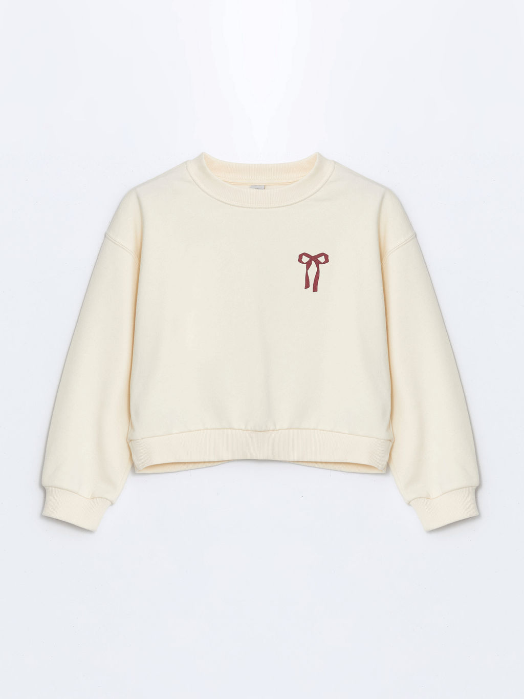 Bisiklet Yaka Kurdele Bask?l? K?z ?ocuk Kal?n Crop Sweatshirt