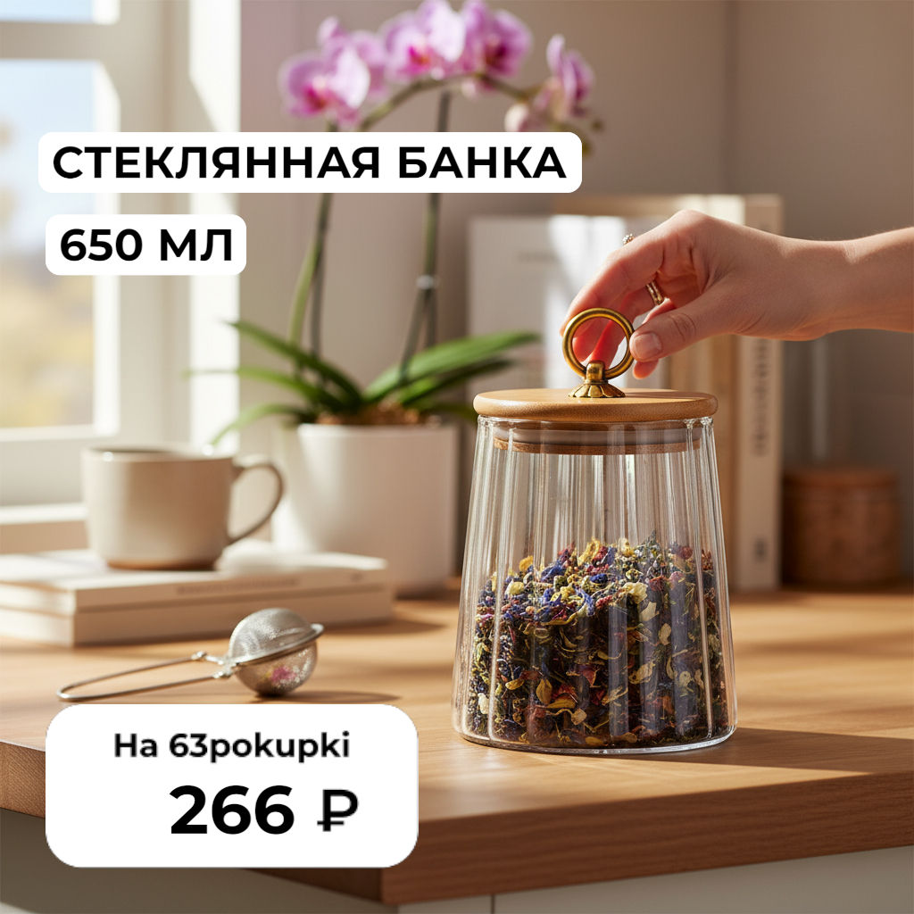 Банка стеклянная 650 мл 10*10*13 см с деревянной крышкой с силиконовым уплотнителем