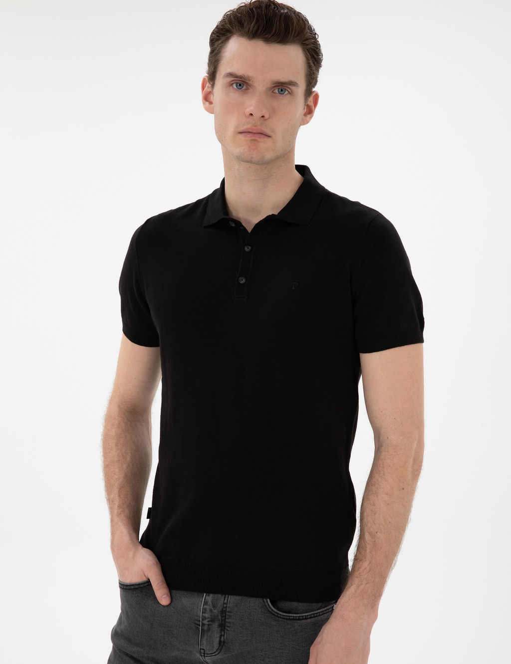 Siyah Slim Fit D__meli Polo Yaka Triko Ti__rt