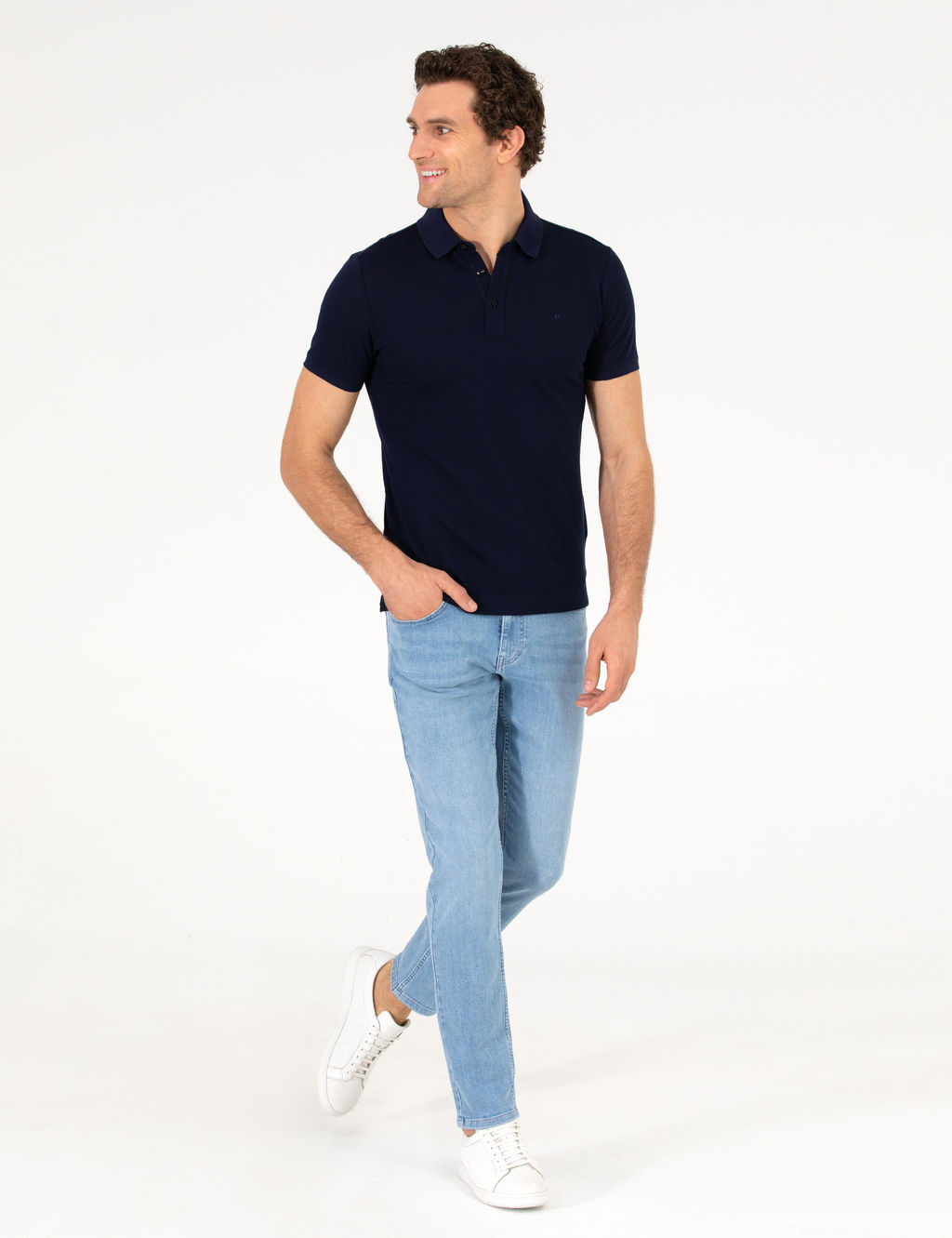 Lacivert Polo Yaka Slim Fit Basic Merserize T-shirt