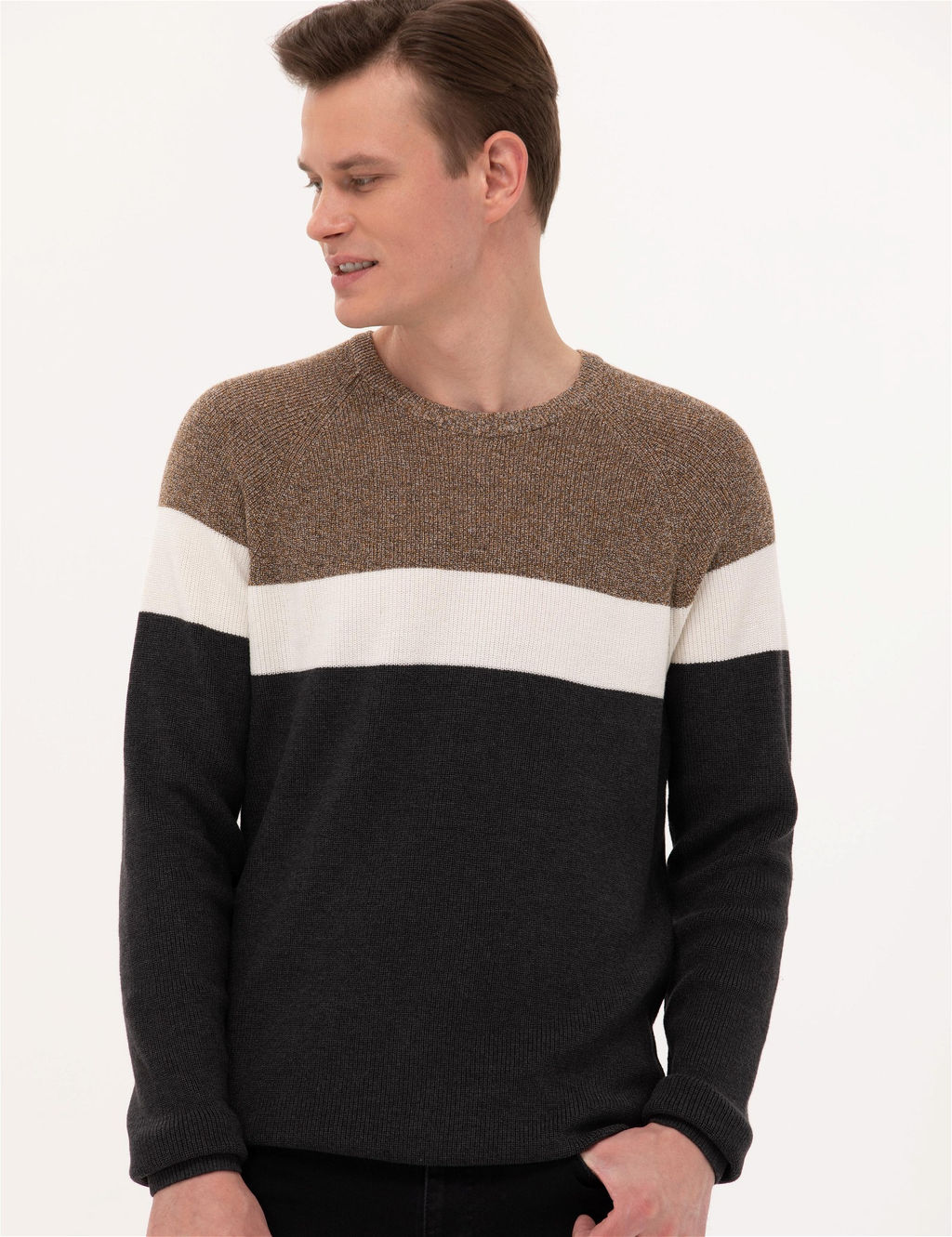 Kahverengi Slim Fit Bisiklet Yaka Triko Kazak