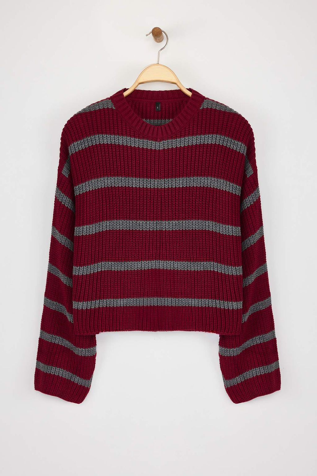 Bordo Crop Basic Genis Kal?p Cizgili Triko Kazak TWOAW23KZ00390
