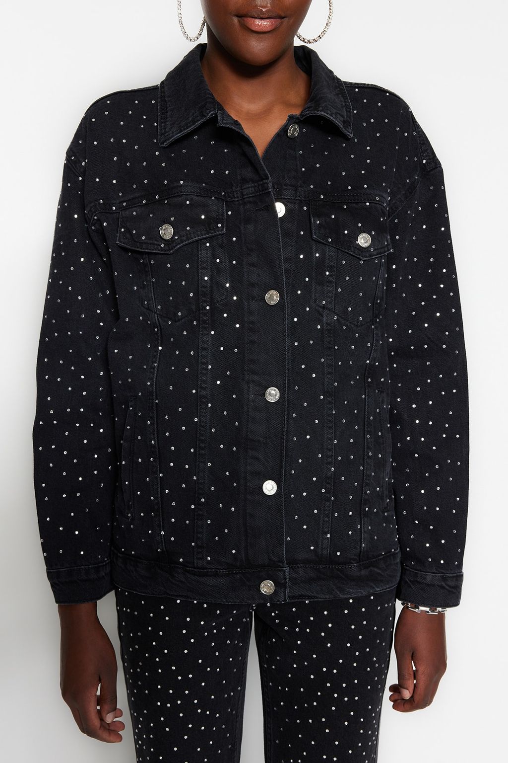 Siyah Tasl? Oversize Denim Ceket TWOSS23CE00044 - Trendyolmilla фото 4