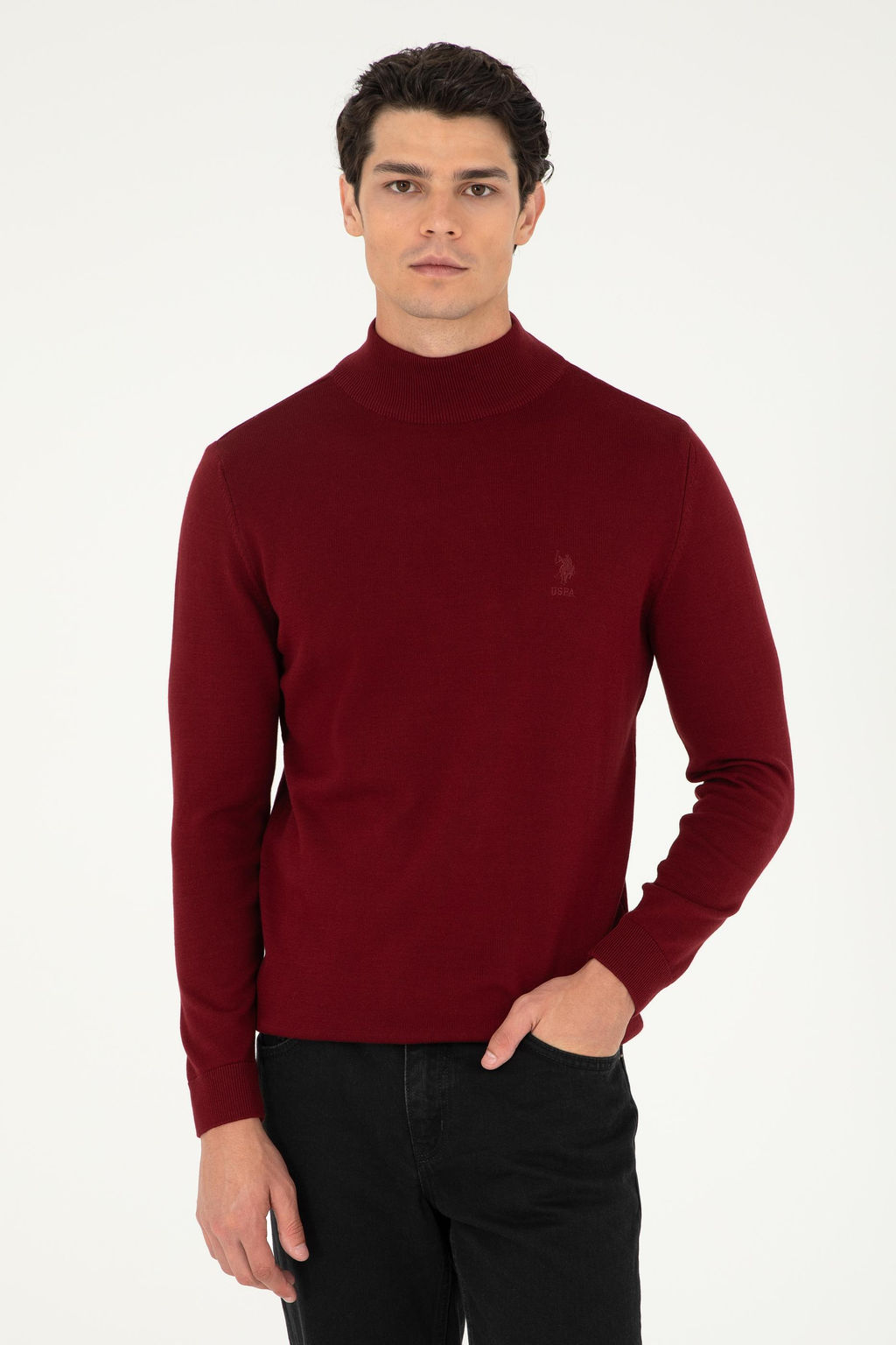 Erkek Slim Fit Yar_m Bo_azl_ Bordo Basic Kazak