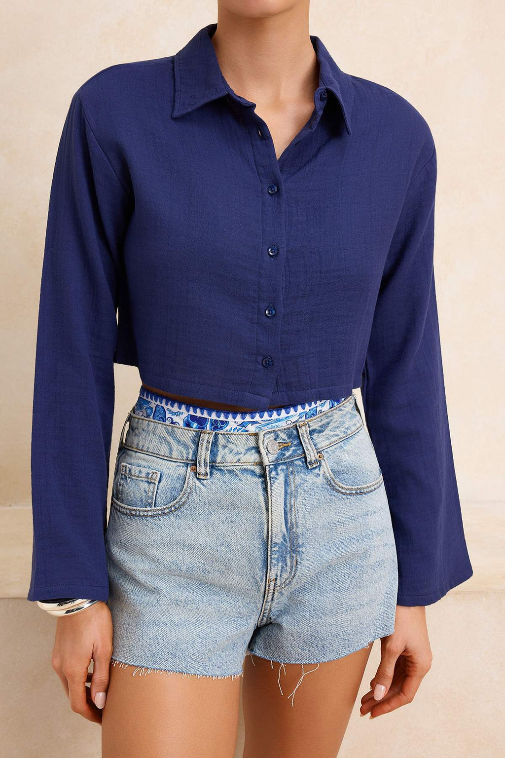 Koyu Lacivert Dokuma %100 Pamuk Plaj Crop Gomlek TBESS24GO00011