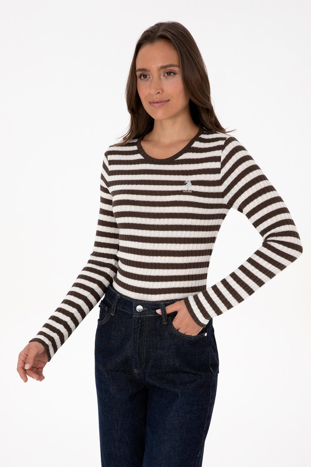 Kad_n Kahverengi _izgili Bisiklet Yaka Sweatshirt