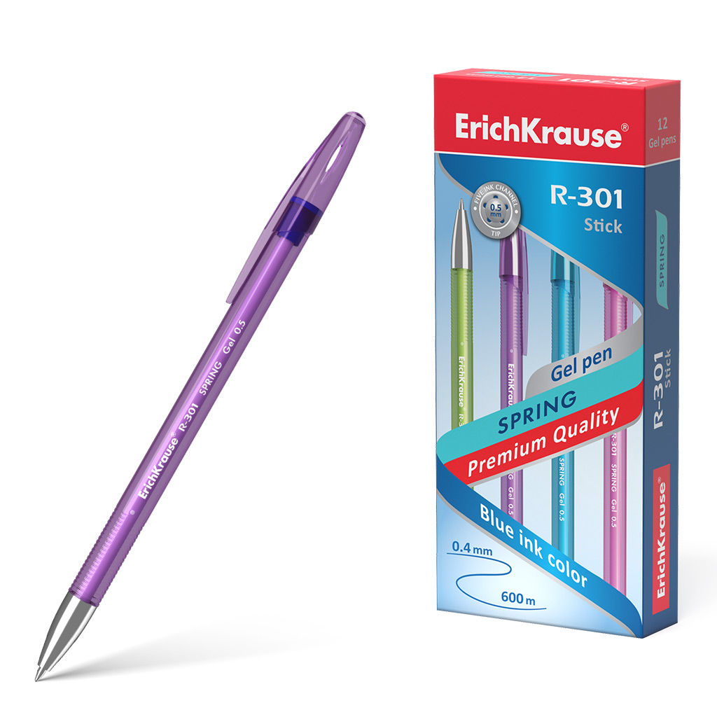 Цена за 12 шт. Ручка гелевая ErichKrause R-301 Gel Stick Spring 0.5, цвет чернил синий (в коробке по 12 штук)  фото 2
