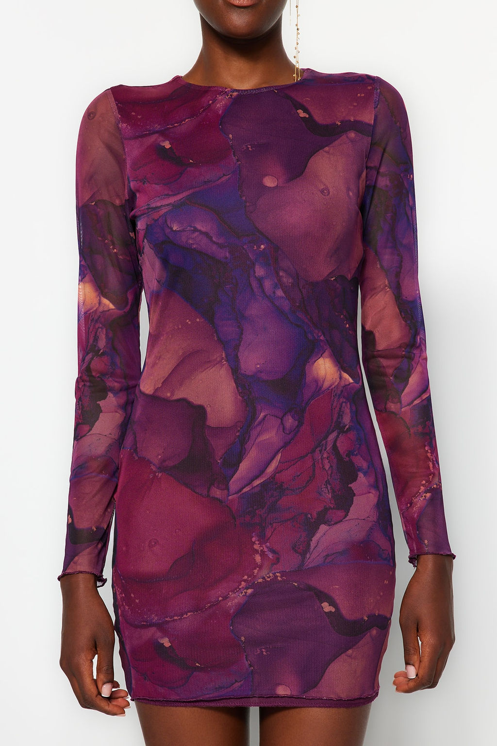 TRENDYOLMILLA Mavi Bask?l? Tul Fitted/Vucuda Oturan Esnek Mini Orme Elbise TWOAW24EL00135 фото 13