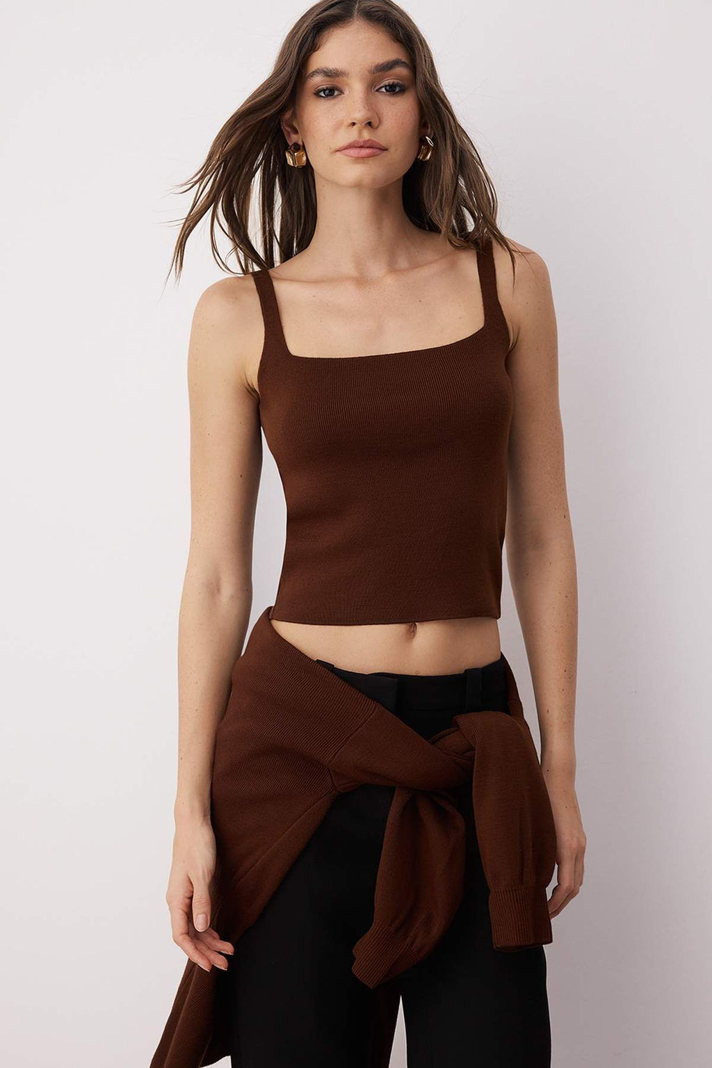 Kahverengi Dugme Detayl? 2li Viral Triko H?rka-Bluz Tak?m TWOAW26HI00017