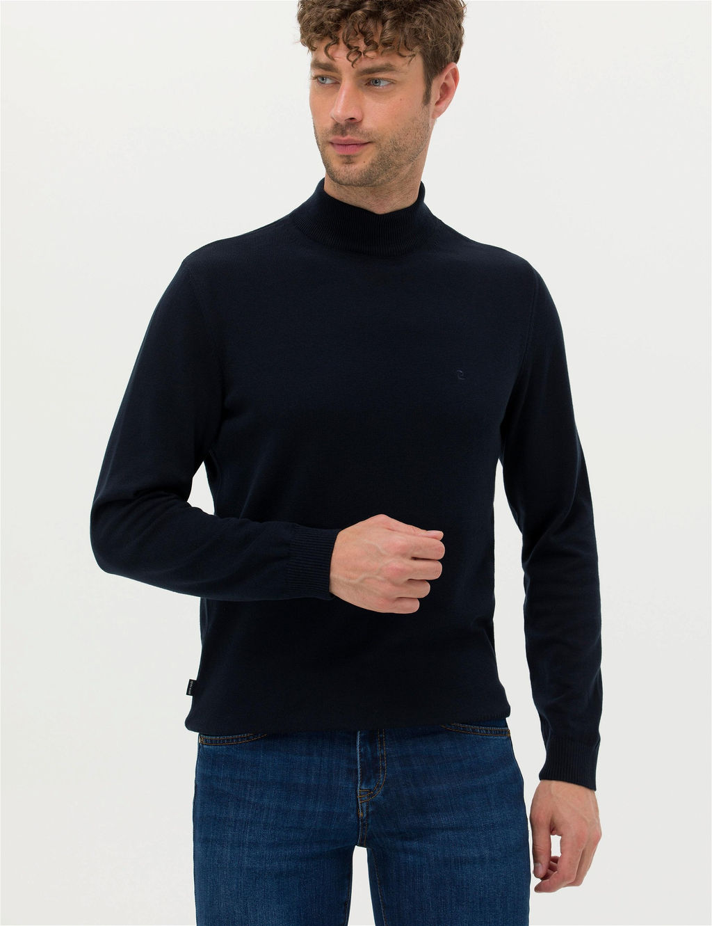 Lacivert Slim Fit Yar_m Bal_k__ Yaka Basic Triko Kazak