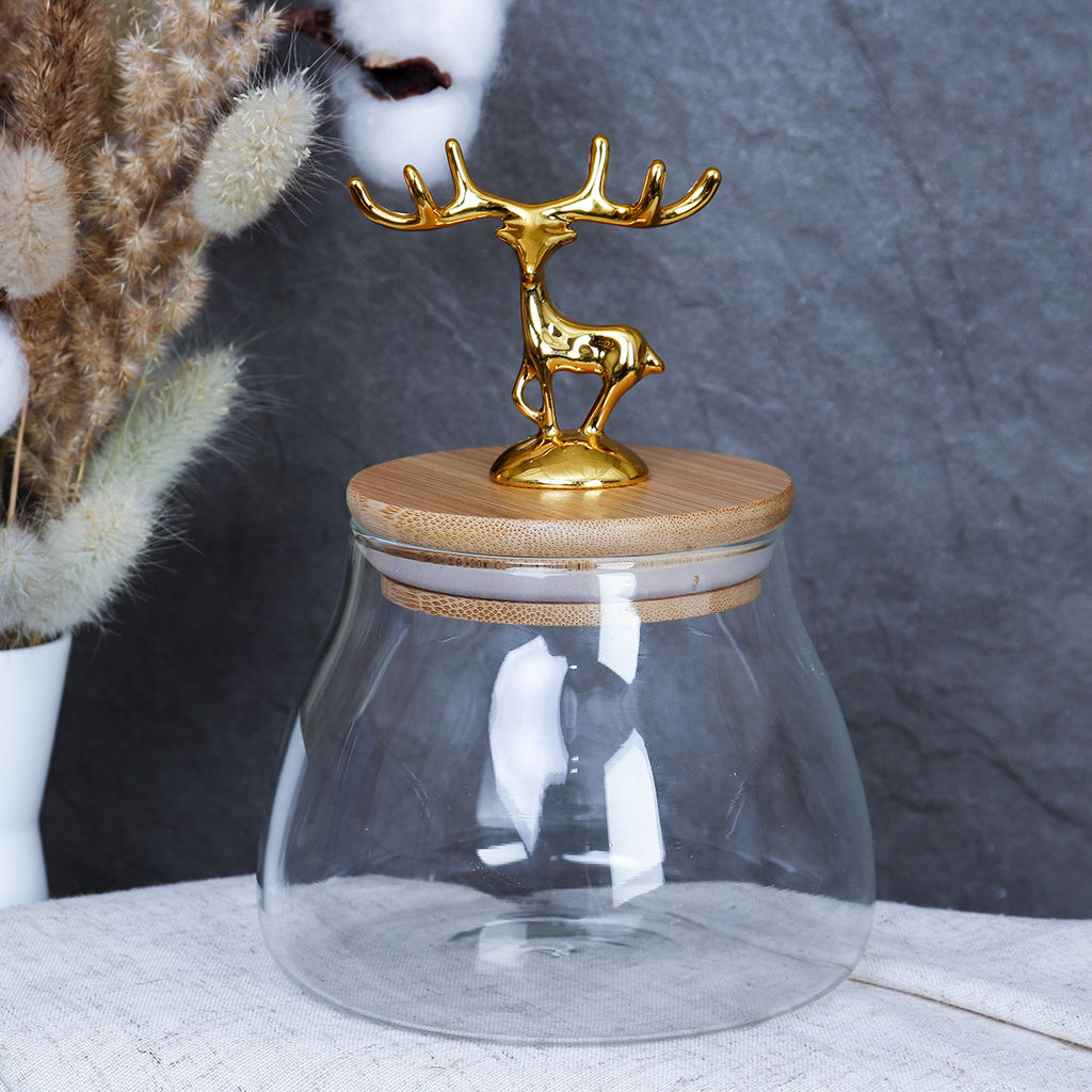 Банка для сыпучих бамбуковая крышка с фигуркой 500 мл 11,5х10,5 см / LCSC2442 /уп 100/ новогодняя