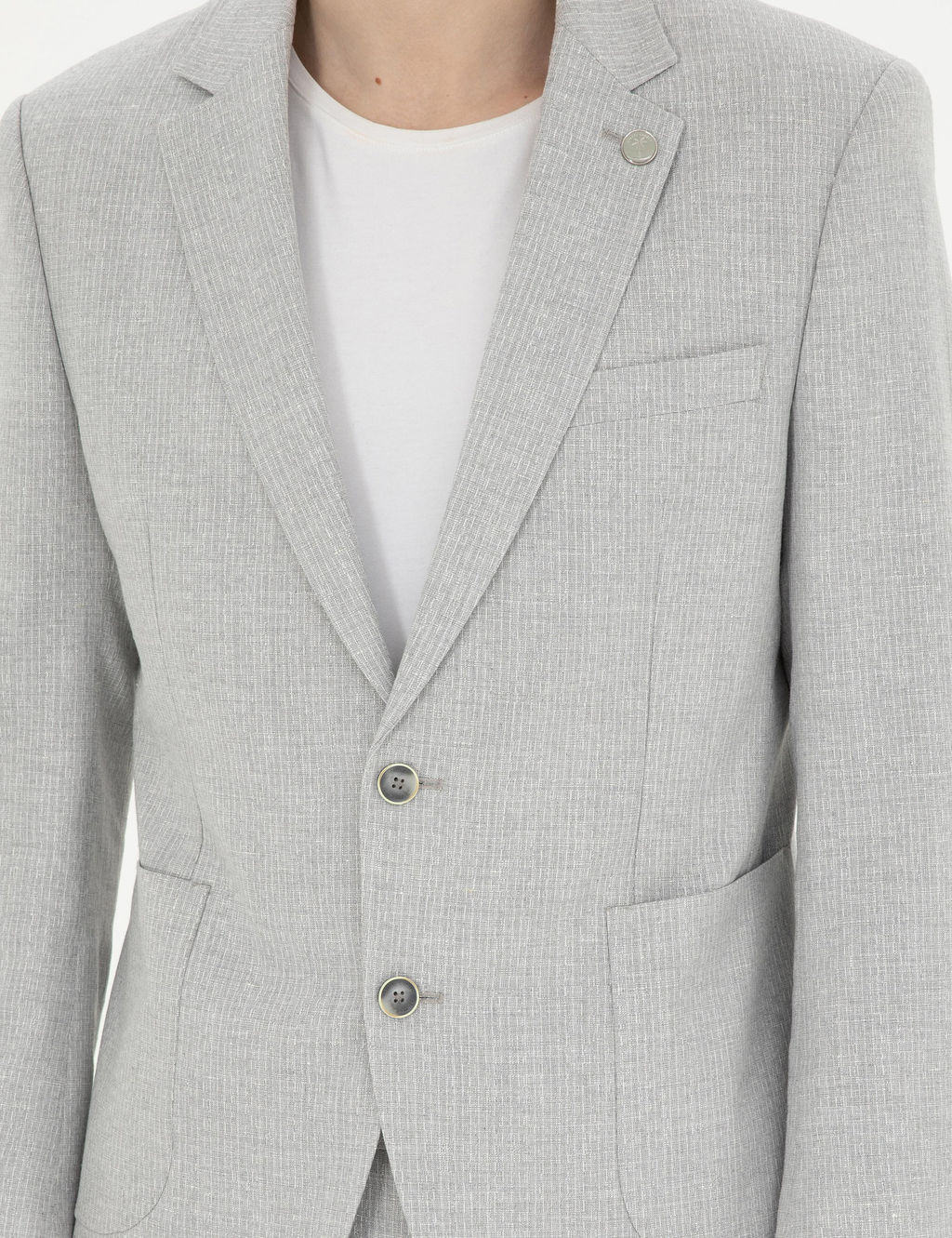 Gri Slim Fit Keten Kar___ml_ _izgili Tak_m Elbise