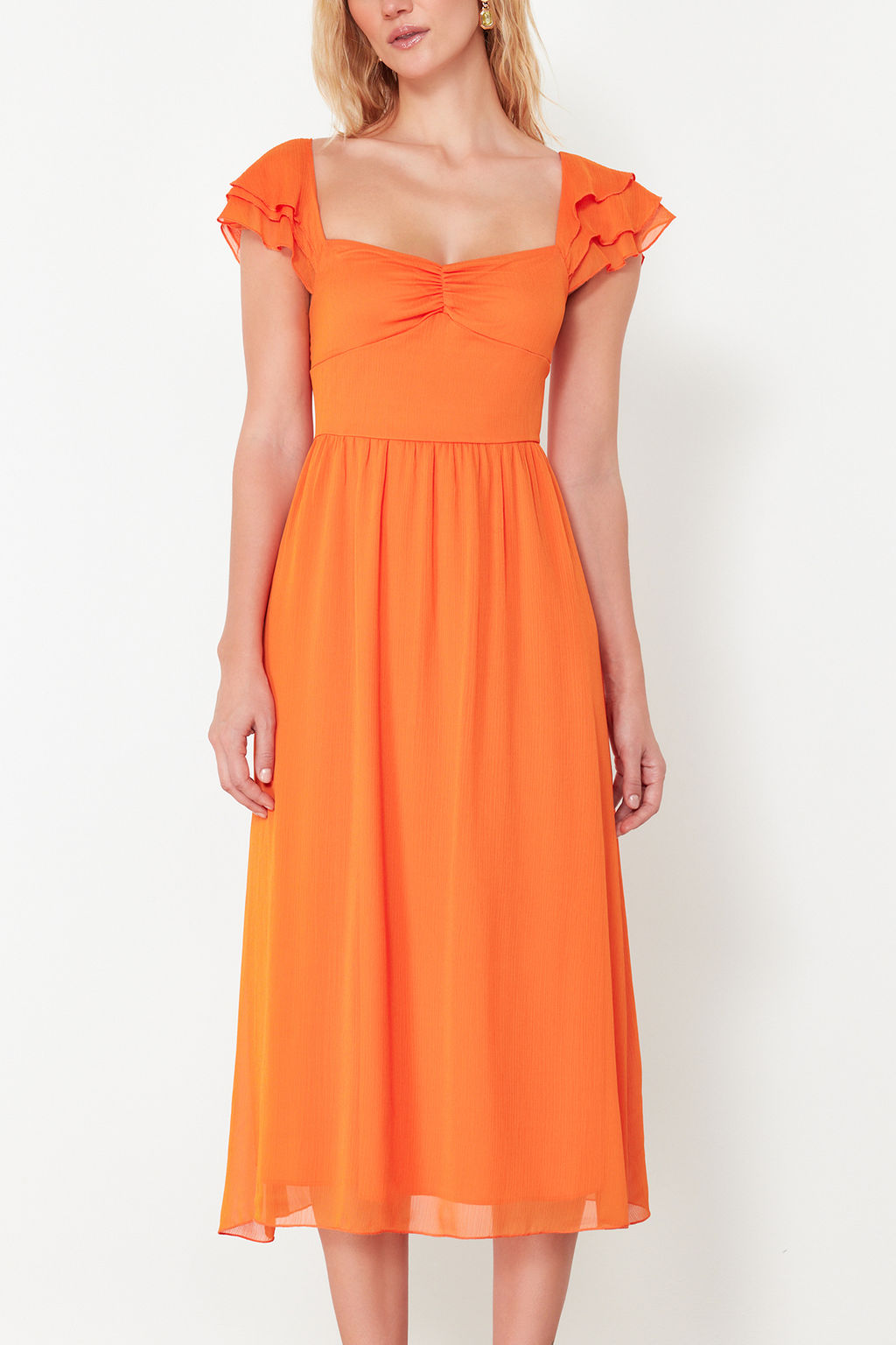 Turuncu Belden Ac?lan Sifon Astarl? Midi Dokuma Elbise TWOSS24EL00541