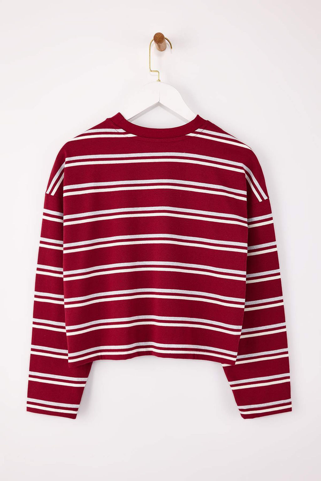 Bordo Cizgili Relaxed/Rahat Kal?p Dusuk Kol Uzun Kollu Tok %100 Pamuk Orme T-Shirt TWOSS26TS00019 - Trendyolmilla фото 2