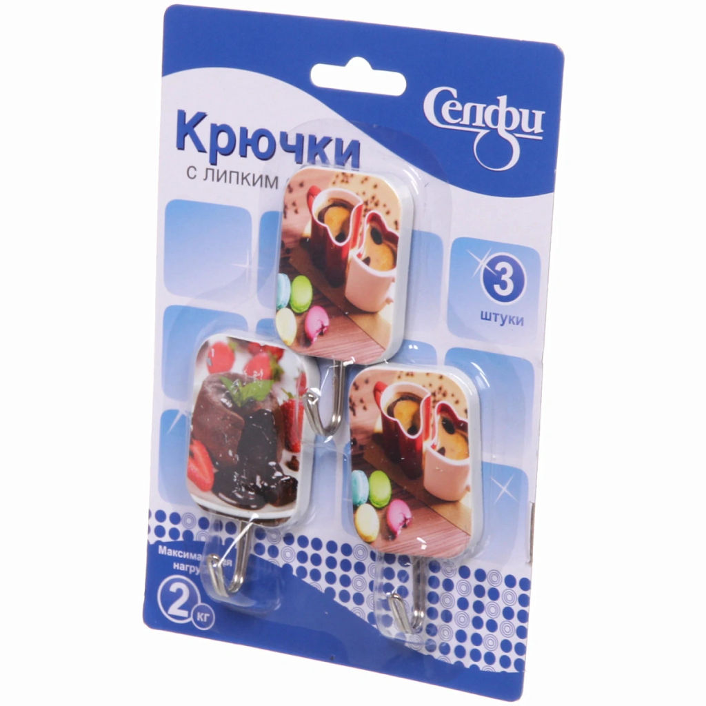 Цена за 6 шт. Крючки в наборе 3шт на липком слое "ИДЕЯДОМА", форма прямоугольник, принт кофе, нагрузка 2кг