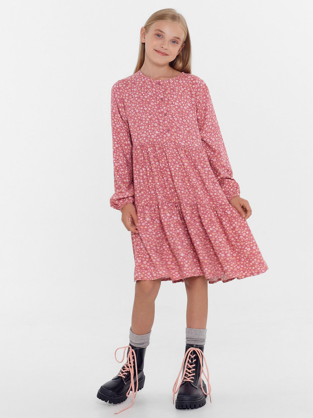 Платье для девочек темно-розовое в цветочки
