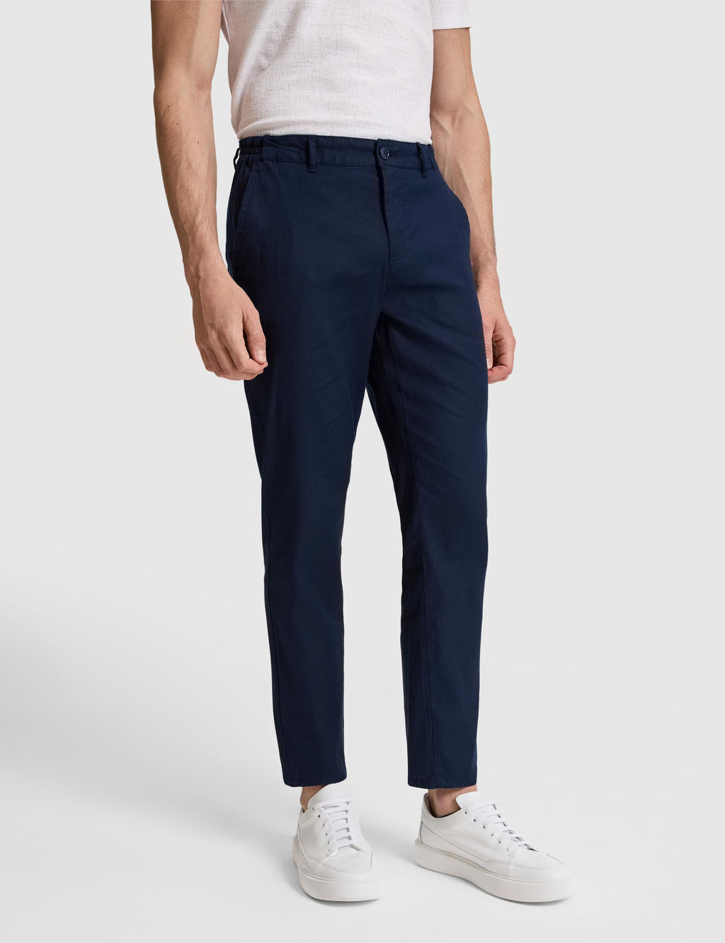 Lacivert Straight Fit Keten Kar___ml_ Beli Lastikli Kanvas Pantolon